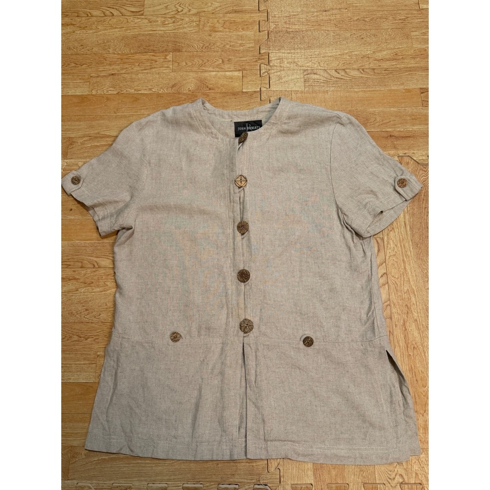 John Roberts Women Oatmeal Beige Button Front Short Sleeve Top XL Linen Look